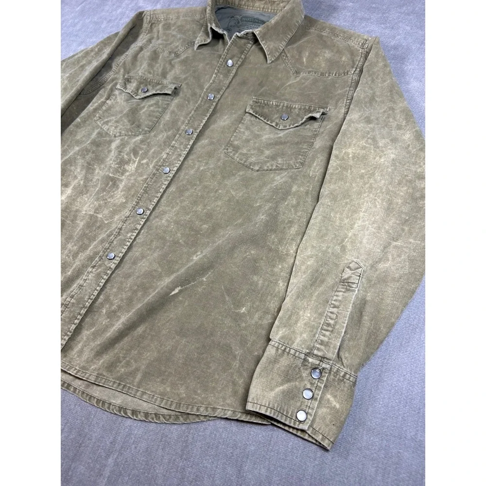 Mossimo Supply Co Mens Corduroy Western Shirt Olive Acid Wash Pearl Snap Large